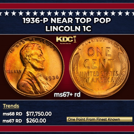 1936-p Lincoln Cent Near Top Pop 1c ms67+ rd SEGS