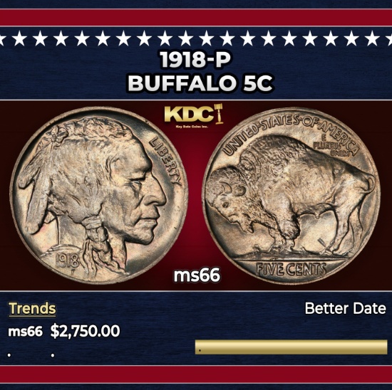 1918-p Buffalo Nickel 5c ms66 SEGS