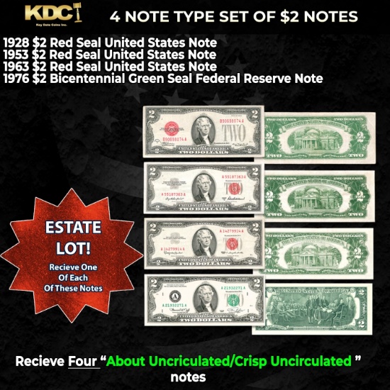 Complete Type Set of Small Sized $2 Notes 1928, 1953, & 1963 Red  Seals & 1976 Bicentennial Green Se