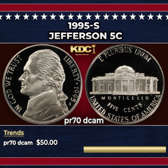 1995-s Proof Jefferson Nickel 5c pr70 dcam SEGS