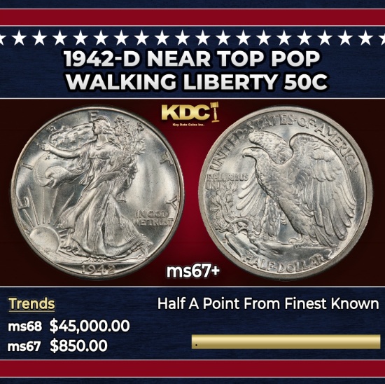 1942-d Walking Liberty Half Dollar Near Top Pop 50c ms67+ SEGS