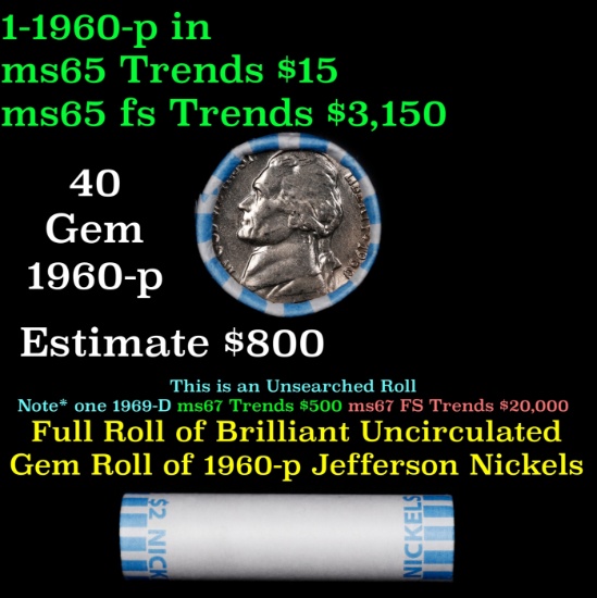 BU Shotgun Jefferson 5c roll, 1960-p 40 pcs Bank $2 Nickel Wrapper