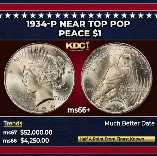 1934-p Peace Dollar Near Top Pop $1 ms66+ SEGS