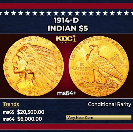 1914-d Gold Indian Half Eagle $5 ms64+ USCG