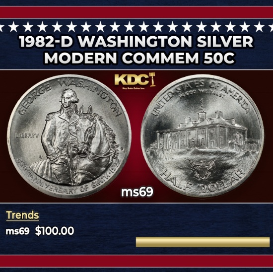 1982-d Washington Modern Commem Half Dollar Silver 50c ms69 SEGS