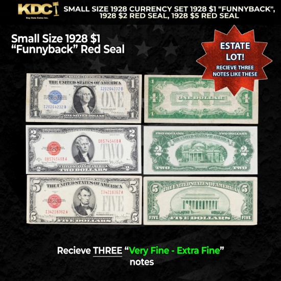 Small Size 1928 Currency Set 1928 $1 "Funnyback", 1928 $2 Red Seal, 1928 $5 Red Seal Grades VF/XF
