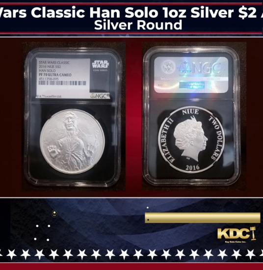 NGC NGC 2016 Star Wars Classic Han Solo 1oz Silver $2 Australlian Tuvalu Proof pr70 dcam NGC Other T