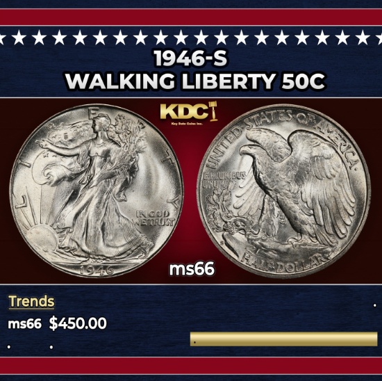 1946-s Walking Liberty Half Dollar 50c Grades ms66