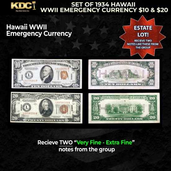 Set of 1934 Hawaii WWII Emergency Currency $10 & $20 Grades VF/XF