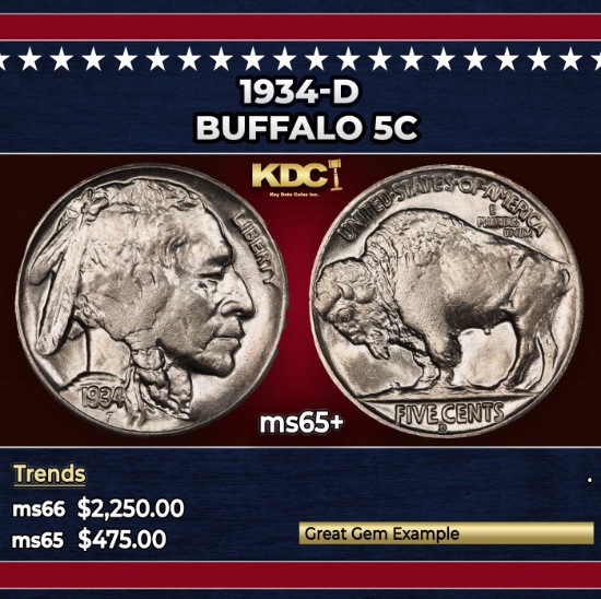 1934-d Buffalo Nickel 5c ms65+ SEGS