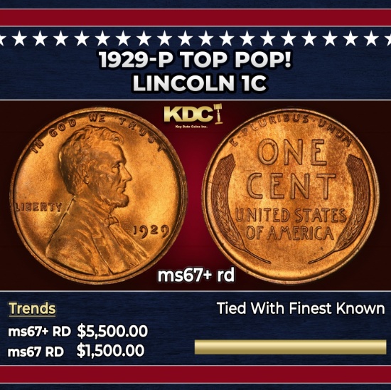 1929-p Lincoln Cent TOP POP! 1c ms67+ rd SEGS