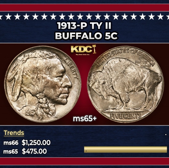 1913-p Ty II Buffalo Nickel 5c Grades ms65+