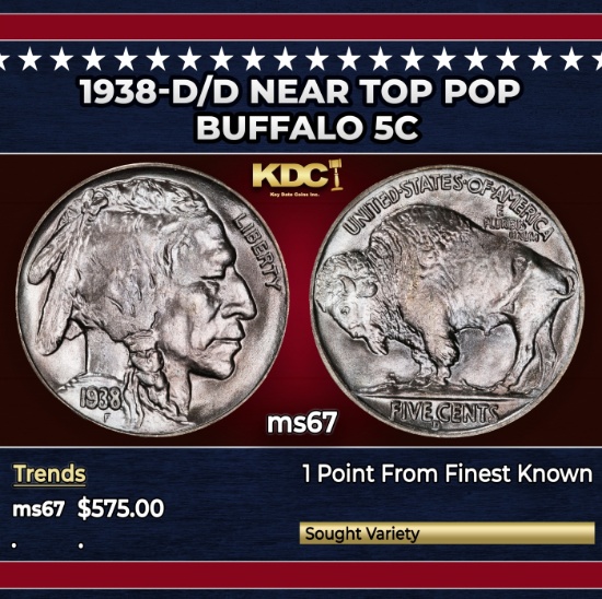 1938-d/d Buffalo Nickel Near Top Pop 5c ms67 SEGS