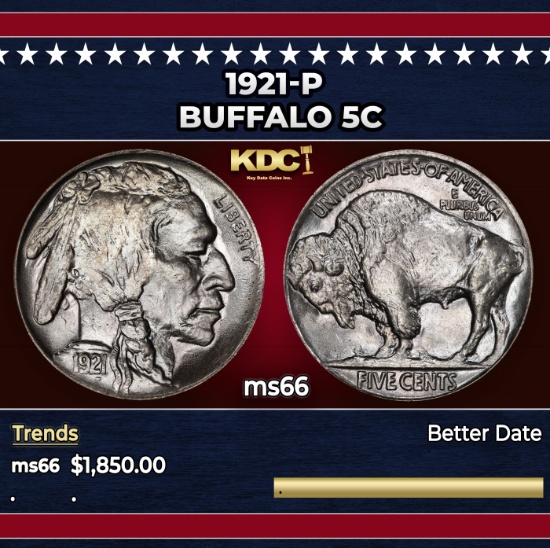 1921-p Buffalo Nickel 5c ms66 SEGS