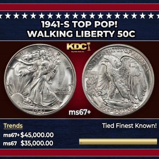 1941-s Walking Liberty Half Dollar TOP POP! 50c ms67+ SEGS