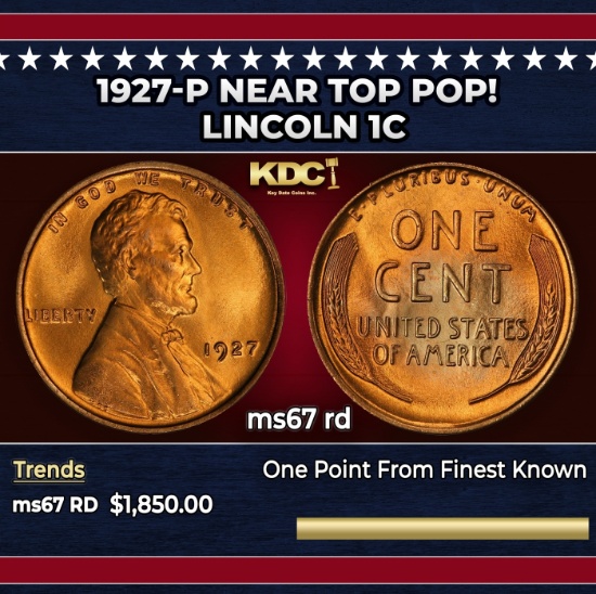 1927-p Lincoln Cent Near Top Pop! 1c ms67 rd SEGS