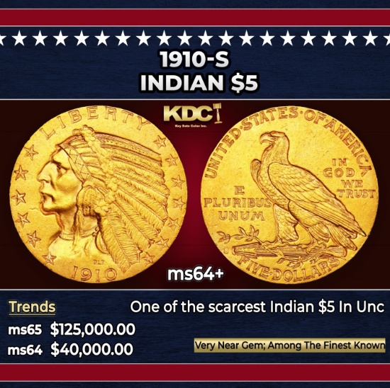 1910-s Gold Indian Half Eagle $5 ms64+ USCG