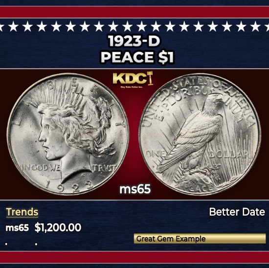 1923-d Peace Dollar $1 ms65 SEGS