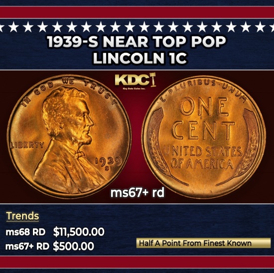 1939-s Lincoln Cent Near Top Pop 1c ms67+ rd SEGS