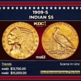 1909-s Gold Indian Half Eagle $5 ms63 USCG
