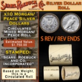 ON- 10 Coin Mixed Morgan/Peace SEARS Circ Dollar $1 Roll Morgan 'S' Rev/Peace 'P' Rev Ends