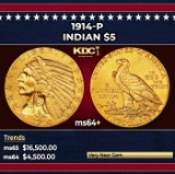 1914-p Gold Indian Half Eagle $5 ms64+ USCG