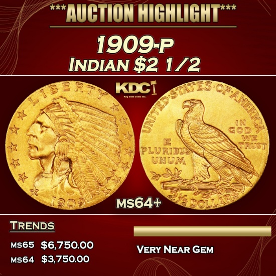1909-p Gold Indian Quarter Eagle $2 1/2 ms64+ SEGS