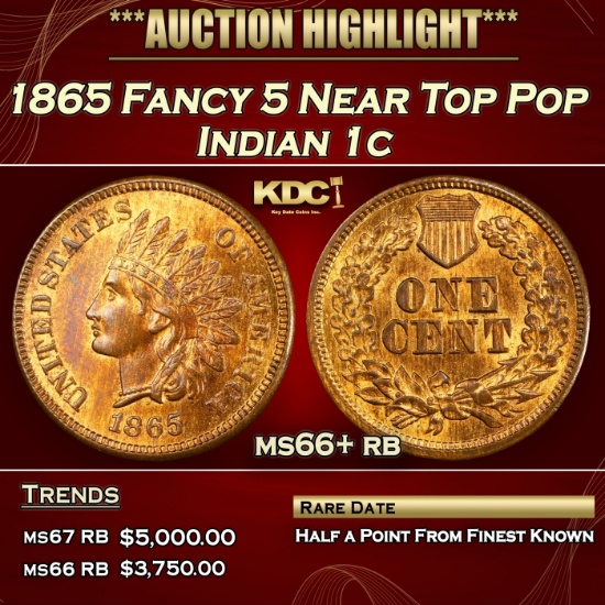 1865 Indian Cent Fancy 5 Near Top Pop 1c ms66+ rb SEGS