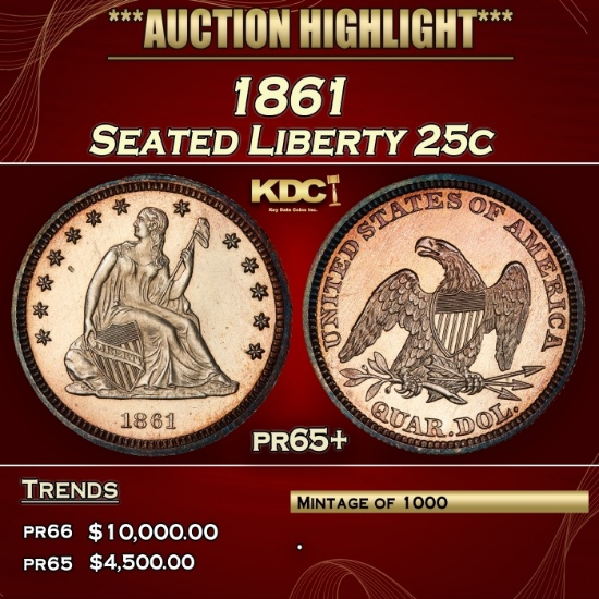 1861 Proof Seated Liberty Quarter 25c pr65+ SEGS