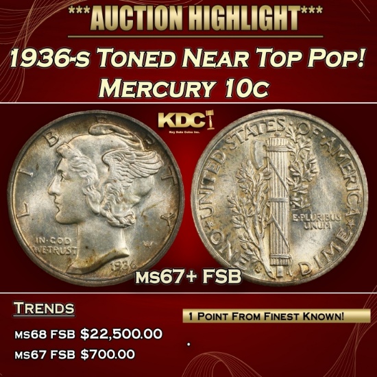 1936-s Mercury Dime Toned Near Top Pop! 10c ms67+ FSB SEGS