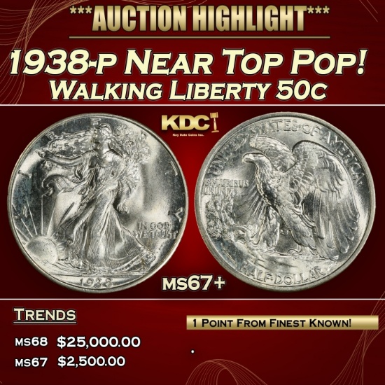 1938-p Walking Liberty Half Dollar Near Top Pop! 50c ms67+ SEGS