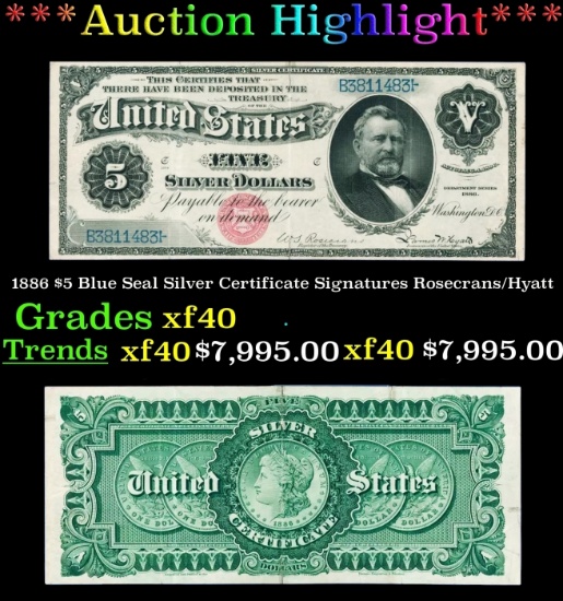 1886 $5 Blue Seal Silver Certificate Grades xf40 Signatures Rosecrans/Hyatt