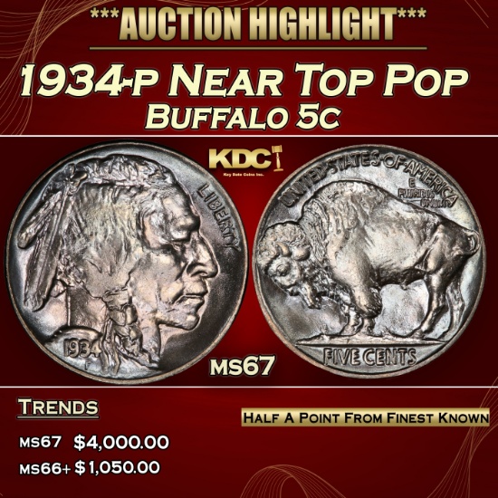 1934-p Buffalo Nickel Near Top Pop 5c ms67 SEGS