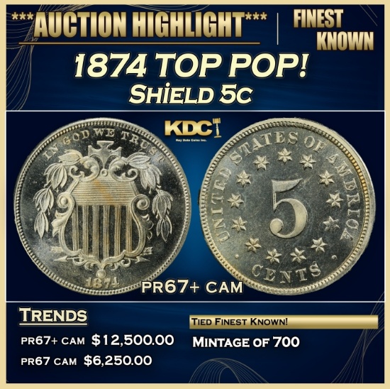 1874 Proof Shield Nickel TOP POP! 5c pr67+ cam SEGS