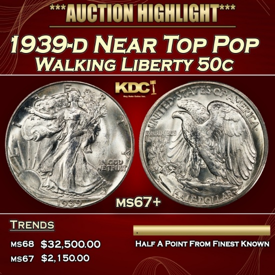 1939-d Walking Liberty Half Dollar Near Top Pop 50c ms67+ SEGS