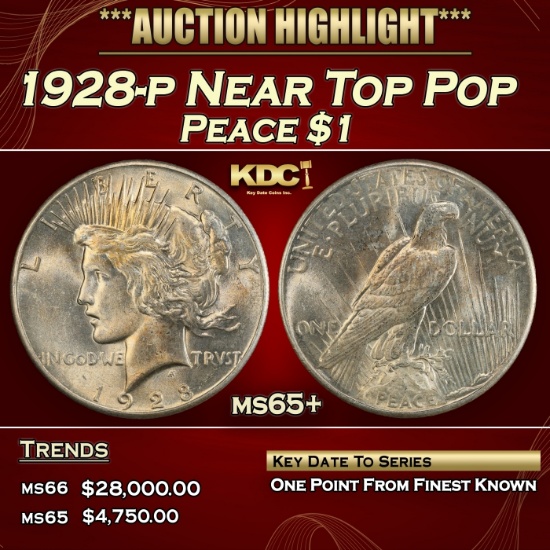 1928-p Peace Dollar Near Top Pop $1 ms65+ SEGS