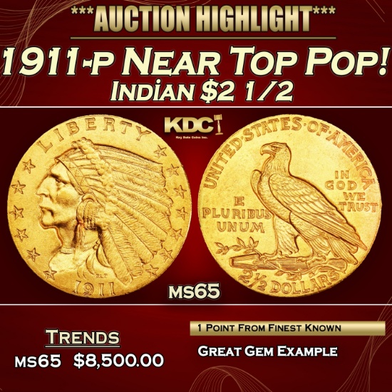 1911-p Gold Indian Quarter Eagle Near Top Pop! $2 1/2 ms65 SEGS