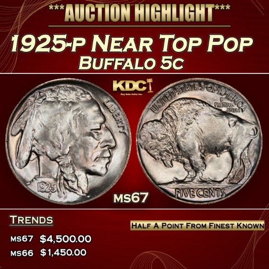 1925-p Buffalo Nickel Near Top Pop 5c ms67 SEGS