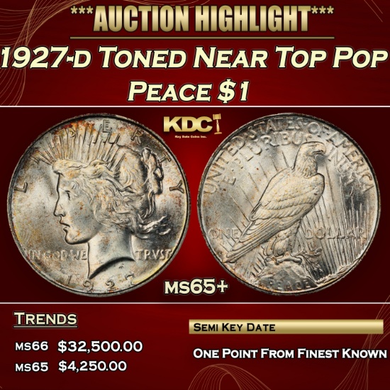 1927-d Peace Dollar Toned Near Top Pop $1 ms65+ SEGS