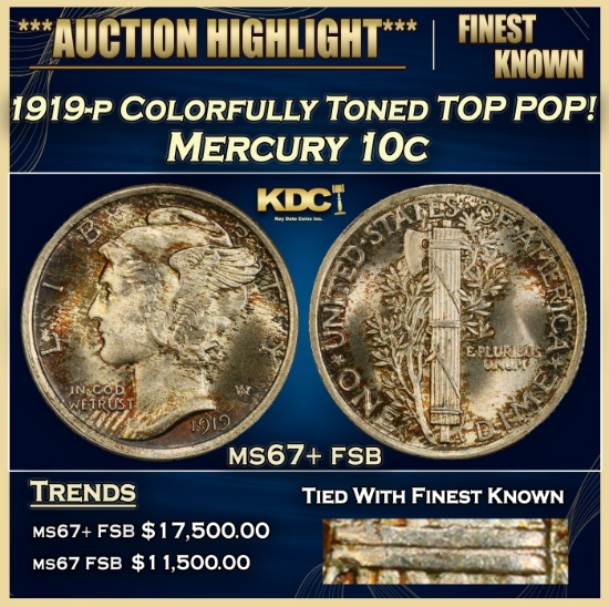1919-p Mercury Dime Colorfully Toned TOP POP! 10c ms67+ fsb SEGS