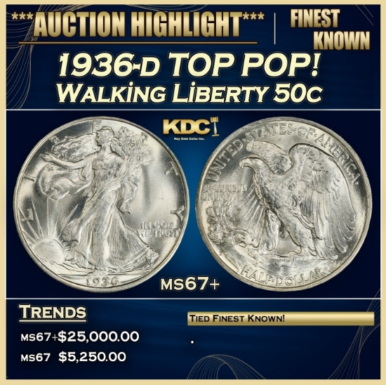 1936-d Walking Liberty Half Dollar TOP POP! 50c ms67+ SEGS