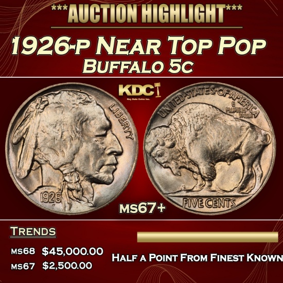 1926-p Buffalo Nickel Near Top Pop 5c ms67+ SEGS