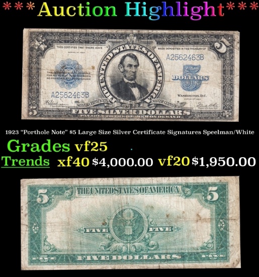 1923 $5 Large Size Silver Certificate "Porthole Note" Grades vf25 Signatures Speelman/White