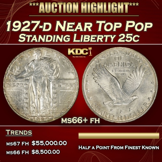 1927-d Standing Liberty Quarter Near Top Pop 25c ms66+ fh SEGS