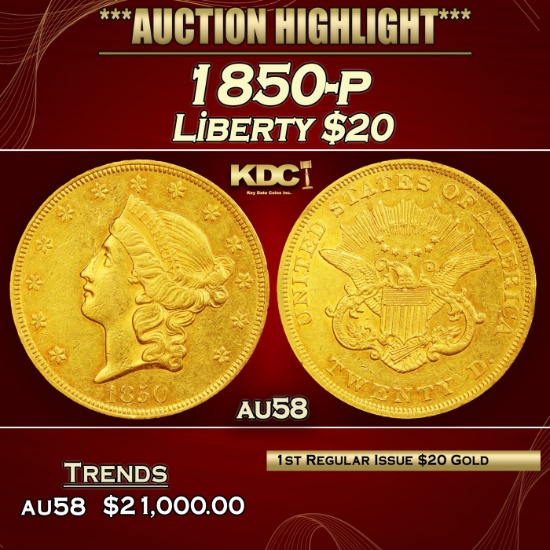1850-p Gold Liberty Double Eagle $20 au58 SEGS