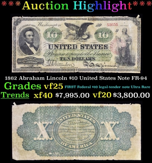 1862 $10 United States Note Abraham Lincoln Grades vf25 FR-94