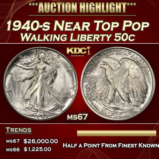 1940-s Walking Liberty Half Dollar Near Top Pop 50c ms67 SEGS