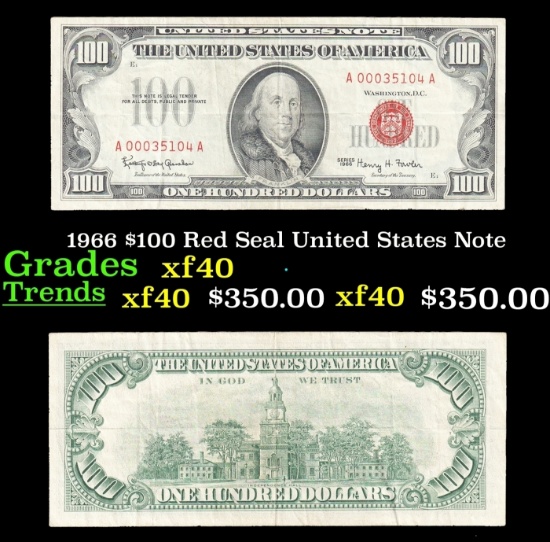 1966 $100 Red Seal United States Note Grades xf
