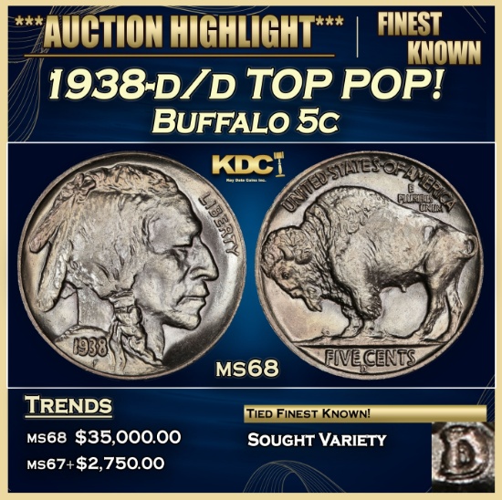 1938-d/d Buffalo Nickel TOP POP! 5c ms68 SEGS