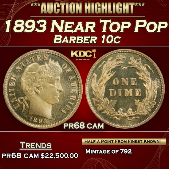 1893 Proof Barber Dime Near Top Pop 10c pr68 cam SEGS